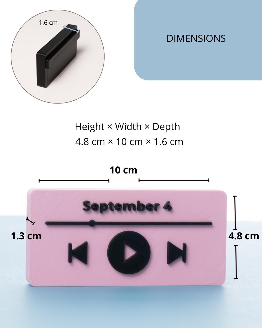 Photo holder dimensions and size guide showing the product’s height, width and depth
